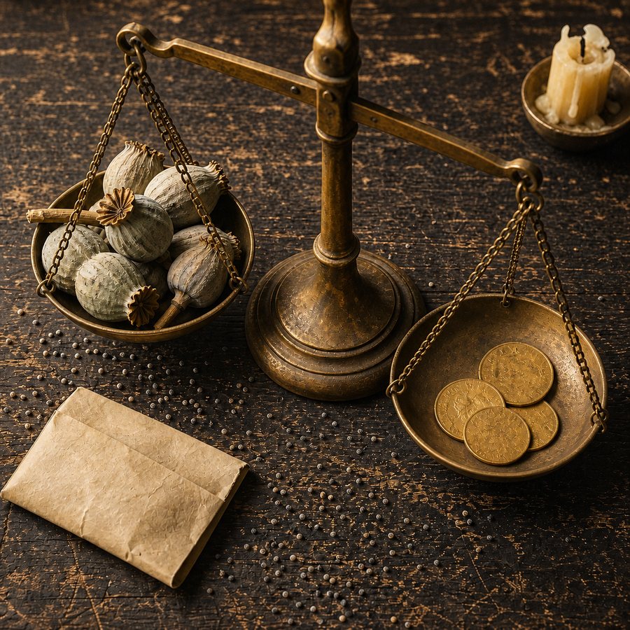 Brass scale with poppy pods and coins